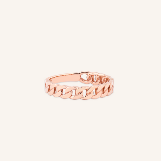 Rose gold chain-style ring on a white background