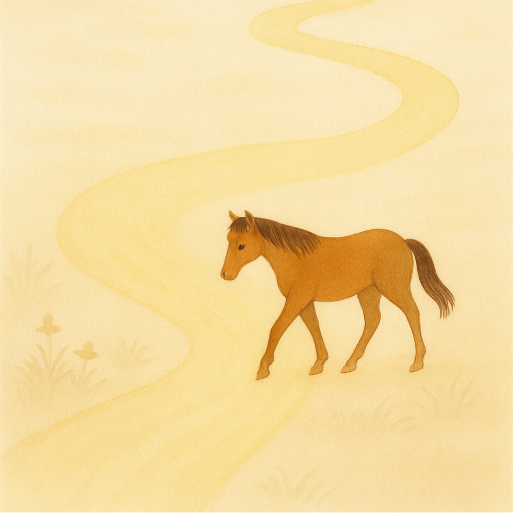Horse walking on a yellow path with a light beige background