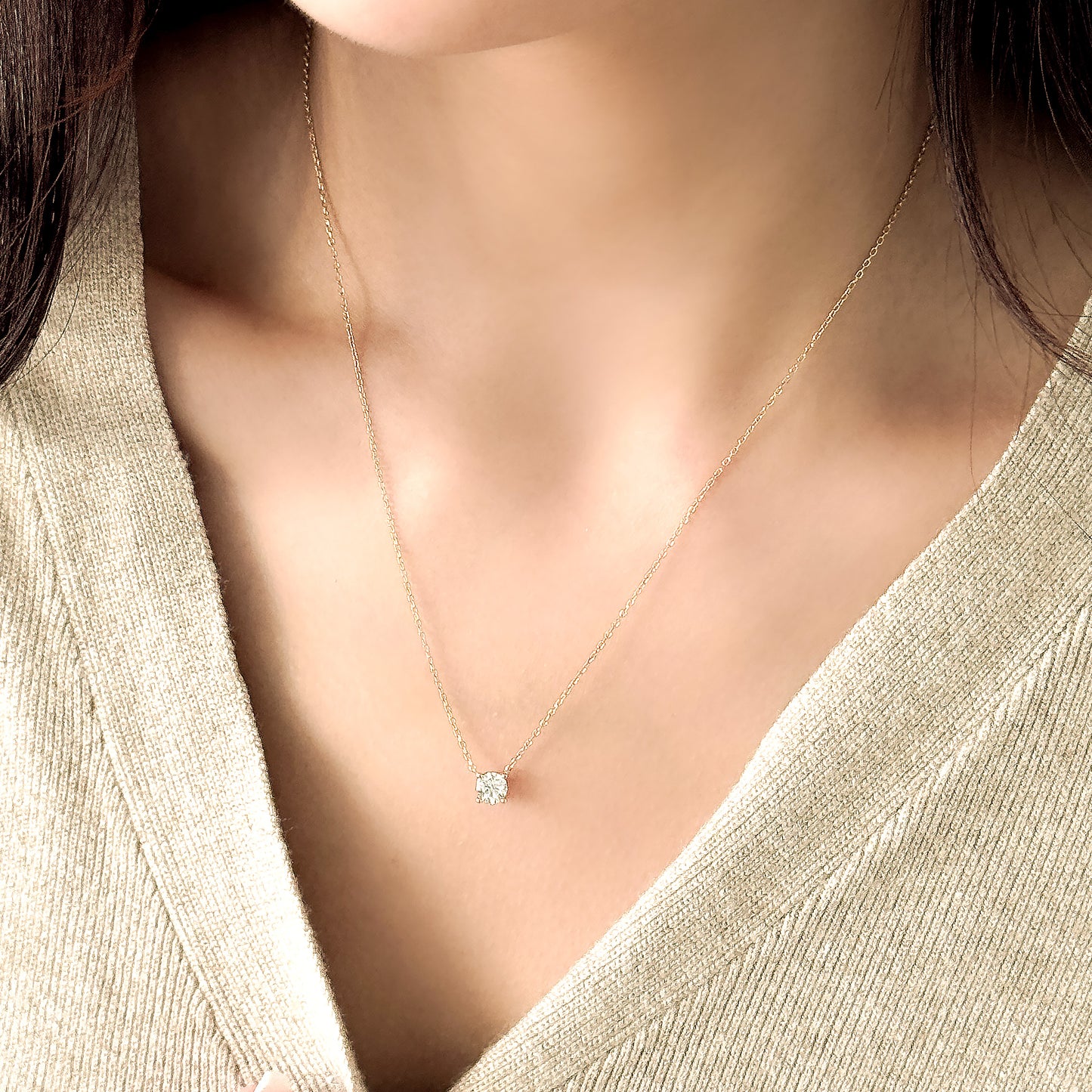 Four Prong Lab Grown Diamond Solitaire Necklace, Basket Setting