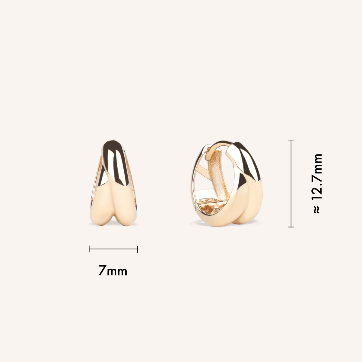 Gold hoop earrings with measurements on a white background