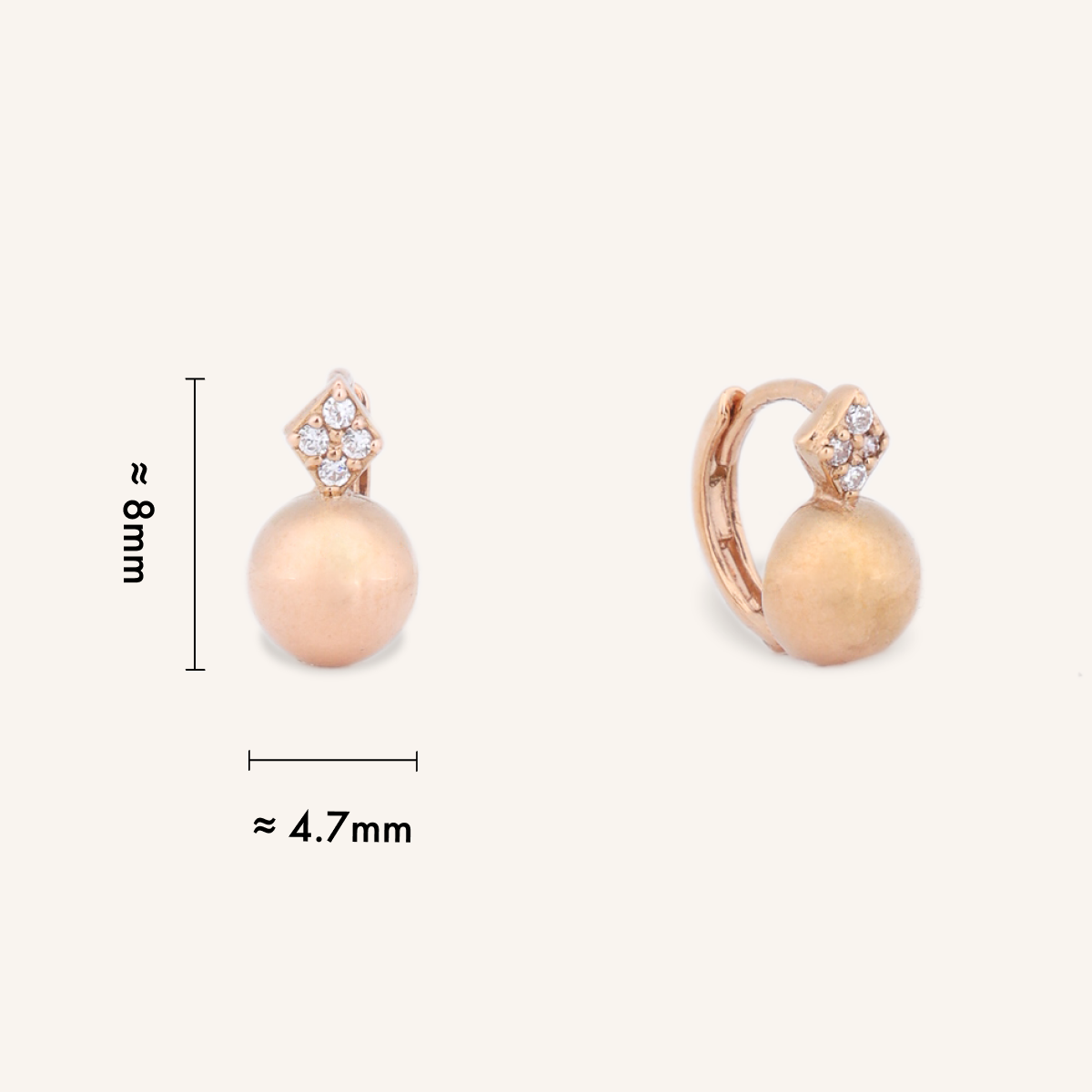Rose gold earrings with pearl-like beads and gemstone accents, shown with measurements on a white background.